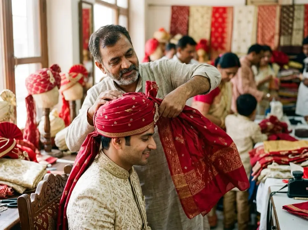 A SafaKing artist tying a safa at a wedding