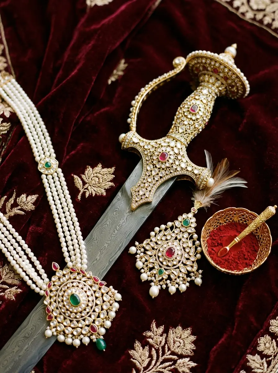 Groom safa finished with kalgi, brooch and pearl strings