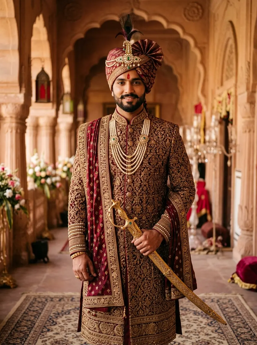 Groom in a maroon sherwani wearing a gold SafaKing safa with kalgi