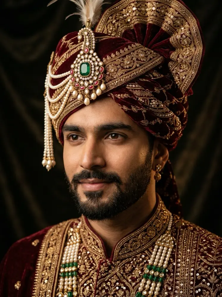 Groom in a deep maroon safa tied in the Jodhpuri style