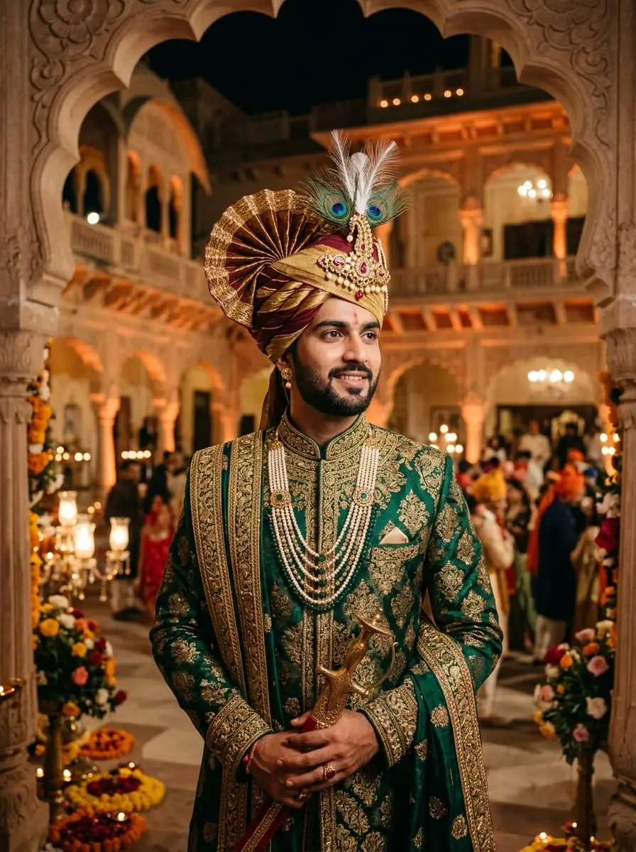 Jodhpuri safa with sharp pleats and a tall crown