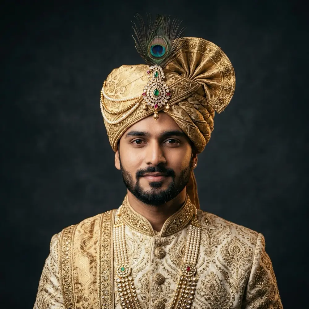 Gold wedding safa with zari work