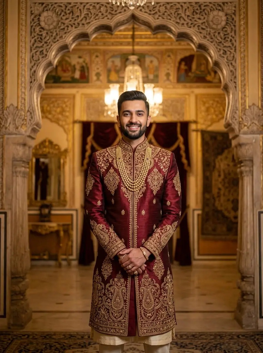 The groom look begins with a hand-embroidered Zardozi sherwani