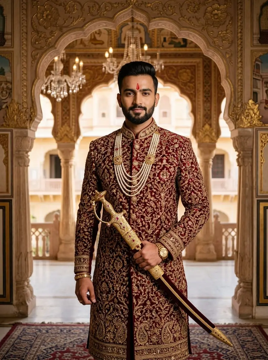 Groom styling with bindi and traditional jewellery before the safa