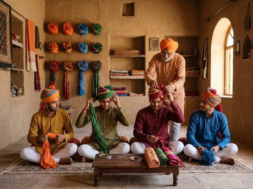 Students practising safa tying in an academy batch